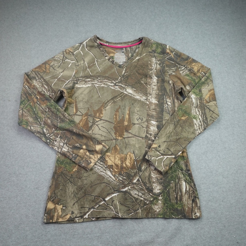 Realtree T-Shirt Youth Girl M 8-10 Brown Green Hunting Camo V-Neck Long Sleeve